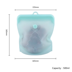 500ml blue reusable silicone food bag with week and capacity scales, 165x155mm size