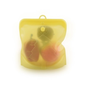 Detail of yellow silicone food bag showing capacity scales and date tracking dial