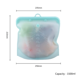 Blue 1500ml reusable silicone food storage bag with precise measurements and 215mm height