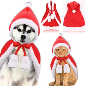 Detailed views of red Christmas pet cloak with plush trim and bows for cats and small dogs
