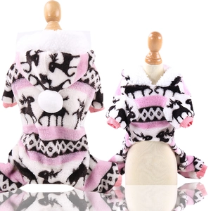 Detail of pink flannel reindeer pet jumpsuit showing front and back views with hood