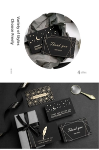 Macro view of premium black greeting cards with gold foil lettering and textured paper