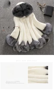Detailed view of white faux fur winter coat with plush grey faux mink collar and cuffs