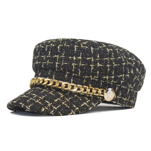 Women Plaid Beret Newsboy Cap Vintage Cotton Check Baker Boy Hat With Gold Metal Chain Retro Autumn Winter Fashion Accessory