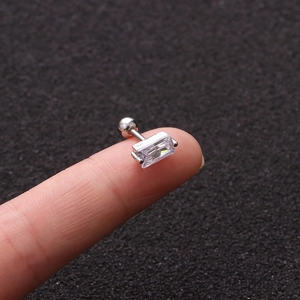 Silver stainless steel flower ear stud with rectangular cubic zirconia on fingertip