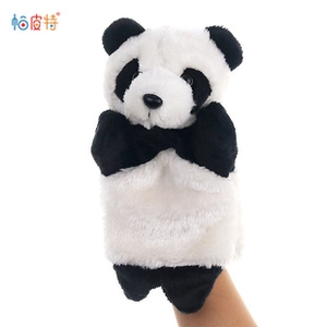 Close-up of soft plush panda hand puppet for interactive storytelling and family play