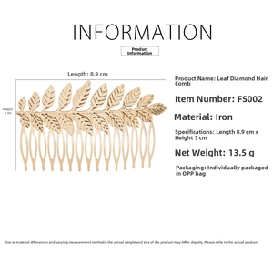 Macro view of gold leaf hair comb showing size 8.9cm x 5cm and 13.5g weight detail