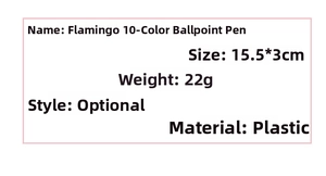 Specifications for the Flamingo 10-color ballpoint pen with dimensions and weight info