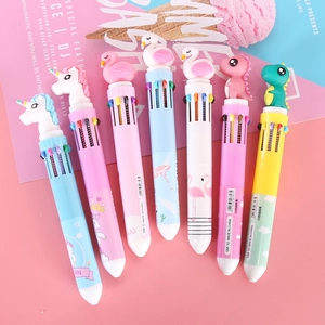 Cute 10-color multi-function ballpoint pen set with unicorn and dinosaur silicone toppers