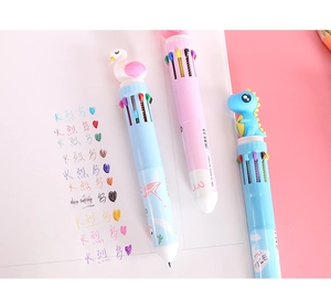 Detail of 10-color retractable ballpoint pen with cute cartoon dinosaur topper