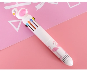 Detail of flamingo multi-color ballpoint pen with 3D soft rubber topper and pink patterns