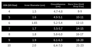 Detailed size chart for six-claw rings showing US sizes, diameter, and circumference in cm