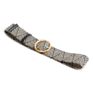 Bohemian stretch woven belt with black and white chevron pattern and round wooden buckle