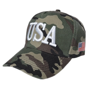 Detailed close-up of jungle camouflage baseball cap with white USA 3D embroidery and flag