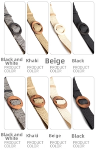 Detailed grid view of woven elastic belts with round wooden buckles in neutral colors