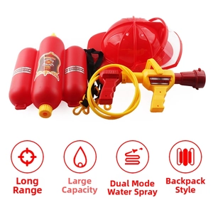 Detail of firefighter backpack water gun and red helmet role play toy set for kids
