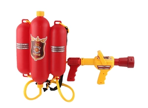 Detail of firefighter backpack water gun toy with large dual tanks and spray nozzle