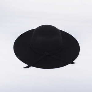Elegant women's black wide brim wool felt fedora hat with a classic bow decoration