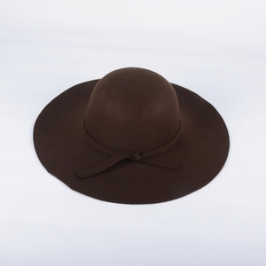 Top-down view of a brown wool felt wide brim hat with a classic vintage dome design
