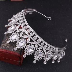 Detail of silver Baroque bridal crown featuring teardrop crystals and alloy rhinestones