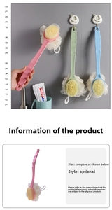 Close-up of long handle bath brush with soft bristles and attached loofah sponge
