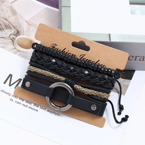 Men's 4-piece vintage leather bracelet set with woven straps and punk style beads
