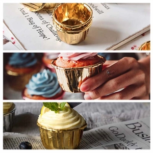Glossy gold aluminum foil muffin cups set in pleated design for elegant cupcake baking