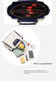 Internal compartments of a contrast color handbag showing large capacity for essentials