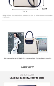 Detailed size chart showing 25cm length and capacity comparison with iPad and magazine