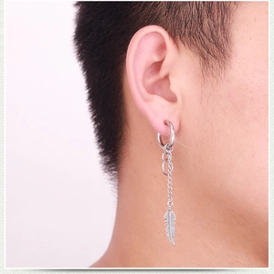 Hip hop silver stainless steel hoop earring with hanging chain and feather pendant