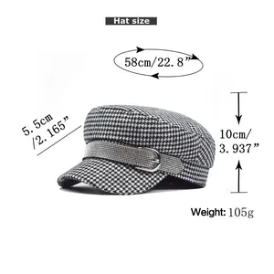 Detailed size chart for houndstooth baker boy hat with rhinestone trim and silver buckles