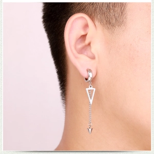 Silver triangle drop earring with industrial chain and cone pendant for men
