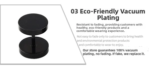 Close-up of black matte barbell stud earrings with eco-friendly vacuum plating detail