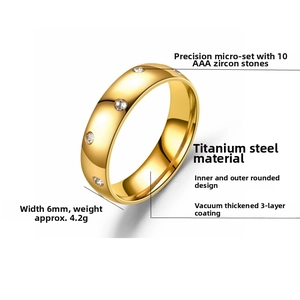 Detailed technical diagram of 6mm gold plated titanium steel ring with 10 AAA zircons
