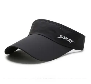Detail view of black sun visor with white SPORT embroidery and breathable mesh fabric