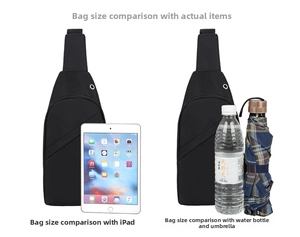 Detailed comparison of the black crossbody bag capacity with an iPad, water bottle and umbrella