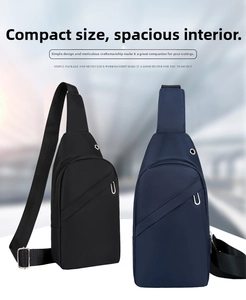 Detail of waterproof nylon sling bag with integrated earphone port and zipper pockets