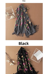 Detailed embroidery and fringe on dark grey and black cashmere wool shawls