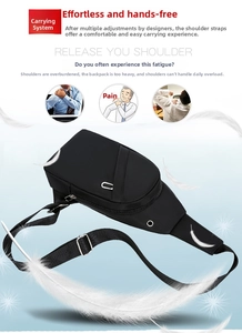 Detail of adjustable shoulder strap and durable fabric on this black multifunctional chest bag