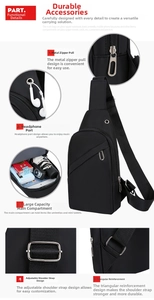 Detailed view of black nylon sling bag features headphone jack and durable hardware