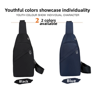 Close-up of black and blue chest bags featuring a headphone jack and diagonal zippers