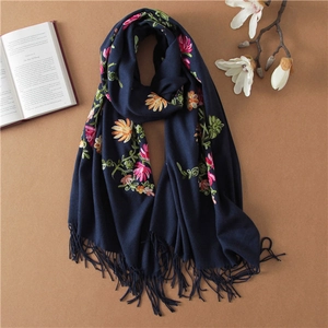 Navy blue wool shawl with exquisite handmade floral embroidery and tassel details