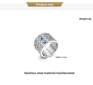 Detail shot of 11mm wide stainless steel hollow ring featuring blue shell inlay
