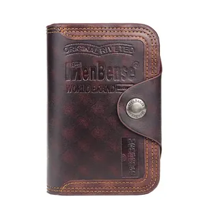 Men's tri-fold wallet in dark brown leather with magnetic snap and checkered pattern