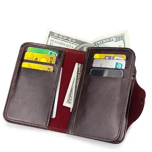 Men's retro brown leather trifold wallet with multiple card slots and magnetic closure