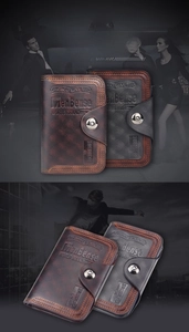Close-up of MenBense bi-fold wallet featuring textured embossed pattern and metal snap button