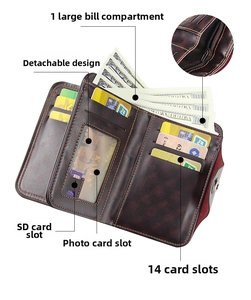 Detail of vintage brown leather wallet showing 14 card slots and multiple compartments