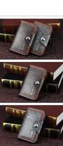 Detailed view of MenBense vintage tri-fold wallets with magnetic closure and card slots