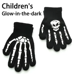 Kids Luminous Skull Skeleton Glow In The Dark Printed Acrylic Winter Warm Gloves For Halloween Party Boys Girls