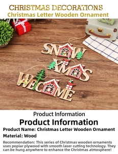 Detail of laser-cut wooden Christmas signs SNOW and WELCOME with festive reindeer motifs